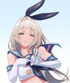 1girl absurdres animal_ears bare_shoulders black_neckerchief black_ribbon blonde_hair blue_sailor_collar breasts buttons cropped_shirt double-breasted elbow_gloves exxe_mkii gloves green_eyes hair_between_eyes hair_ribbon half-closed_eyes hands_up highres kantai_collection long_hair midriff neckerchief penetration_gesture rabbit_ears ribbon sailor_collar school_uniform seductive_smile serafuku shimakaze_(kancolle) shirt sleeveless sleeveless_shirt small_breasts smile solo teeth upper_teeth_only very_long_hair white_gloves