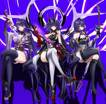 3girls acheron_(honkai:_star_rail) armor black_boots black_dress black_shrug boots braid braided_ponytail breasts bridal_gauntlets cleavage color_connection commentary_request company_connection crop_top crossed_legs dress genshin_impact gettou0_0 hair_color_connection hair_ornament highres holding holding_sword holding_weapon honkai:_star_rail honkai_(series) honkai_impact_3rd horns human_scabbard invisible_chair japanese_clothes kimono large_breasts long_hair looking_at_viewer mihoyo mitsudomoe_(shape) mole mole_under_eye multiple_girls musou_isshin_(genshin_impact) name_connection obi obiage obijime open_mouth platform_sandals purple_eyes purple_hair purple_kimono purple_thighhighs raiden_mei raiden_mei_(herrscher_of_thunder) raiden_shogun red_horns red_sash sandals sash sawashiro_miyuki shoulder_armor shrug_(clothing) simple_background sitting smile sword thighhighs thighs tomoe_(symbol) very_long_hair voice_actor_connection weapon white_thighhighs wide_sleeves