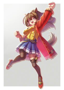 Rule 34 | 1girl, animal ears, belt, black thighhighs, blue eyes, blue skirt, blush, bow, breasts, brown hair, coat, commentary request, creape, domino mask, el condor pasa (el numero 1) (umamusume), el condor pasa (umamusume), eye mask, full body, hair between eyes, highres, horse ears, horse girl, horse tail, jacket, long hair, long sleeves, looking at viewer, mask, medium breasts, open mouth, pleated skirt, ponytail, red jacket, shirt, shoes, simple background, skirt, smile, solo, tail, teeth, thighhighs, umamusume, upper teeth only, yellow shirt, zettai ryouiki