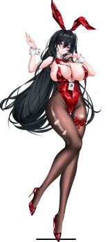 1girl absurdres animal_ears azur_lane between_breasts black_hair bow bowtie breasts brown_pantyhose commentary_request fake_animal_ears full_body hair_between_eyes high_heels highleg highleg_leotard highres huge_breasts id_card iue_(pixiv_95802465) lanyard leotard long_hair looking_at_viewer mixed-language_commentary official_alternate_costume pantyhose playboy_bunny red_bow red_bowtie red_eyes red_leotard red_shoes shoes simple_background solo stiletto_heels strap_between_breasts strapless strapless_leotard taihou_(azur_lane) taihou_(fun_on_the_baize)_(azur_lane) thigh_bow torn_clothes torn_pantyhose undersized_breast_cup very_long_hair white_background white_wrist_cuffs wrist_cuffs