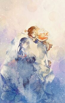 2girls :| aiguillette aijou_karen arm_at_side arm_rest bad_id bad_twitter_id black_hair bloom blue_background blue_jacket boots brown_boots brown_hair circle closed_eyes closed_mouth commentary crown facing_another facing_viewer film_grain frozen fur-trimmed_jacket fur_trim gradient_background hand_on_own_arm head_rest heavy_film_grain highres ice jacket jacket_on_shoulders kagura_hikari leaning_on_object light_rays long_hair long_sleeves mini_crown miniskirt missing_commentary multicolored_jacket multiple_girls nijiko_(c2cs4q) parted_bangs red_jacket red_sash red_skirt sash short_hair shoujo_kageki_revue_starlight shoulder_sash single_horizontal_stripe skirt sparkle_hair_ornament standing striped_clothes striped_skirt sunbeam sunlight tassel tilted_headwear tiptoes two_side_up waist_cape wide-eyed yellow_background