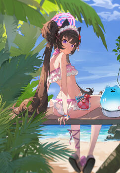1girl absurdres ass beach bikini blue_archive blush breasts brown_hair day frilled_bikini frills hair_between_eyes halo headdress highres in_tree long_hair looking_at_viewer looking_back ocean official_alternate_costume outdoors palm_leaf palm_tree pink_bikini pink_halo platform_sandals purple_eyes sandals shizuko_(blue_archive) shizuko_(swimsuit)_(blue_archive) sitting sitting_in_tree small_breasts solo super_h2o swimsuit tree twintails