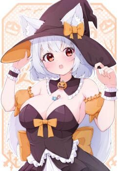 1girl animal_ears blush breasts halloween hat inubashiri_momiji large_breasts open_mouth orange_ribbon red_eyes ribbon rururiaru short_hair solo touhou white_hair witch_hat