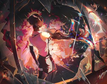 1girl apron black_apron bomb bomb_devil_(chainsaw_man) chainsaw_man chhiii_o_o dynamite elbow_gloves explosion explosion_background explosive gloves highres nuclear_weapon object_head reze_(chainsaw_man) shirt sleeveless sleeveless_shirt transformation