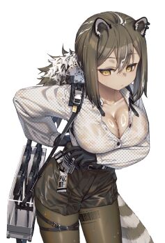 1girl animal_ear_fluff animal_ears animal_hands arknights bag bags_under_eyes barcode black_gloves breasts brown_hair brown_pantyhose brown_shorts cleavage covered_erect_nipples cowboy_shot cross_tie freckles gloves highres large_breasts long_hair long_sleeves megalateo multicolored_hair pantyhose pantyhose_under_shorts partially_unbuttoned polka_dot polka_dot_shirt ponytail puffy_long_sleeves puffy_sleeves raccoon_ears raccoon_girl raccoon_tail robin_(arknights) shirt shorts shoulder_bag simple_background solo standing strap streaked_hair tail thigh_strap undone_cross_tie wet wet_clothes wet_shirt white_shirt yellow_eyes