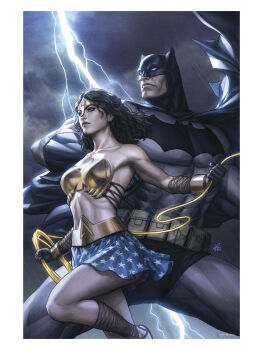 1boy 1girl absurdres bare_shoulders batman batman:_the_dark_knight_returns batman_(series) black_hair blank_eyes blue_eyes breasts bruce_wayne cape comic_cover dc_comics earrings gladiator_sandals gloves highres jewelry lasso_of_truth lightning long_hair official_art sandals signature skirt stanley_lau star_(symbol) superhero_costume textless_version wonder_woman