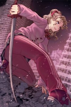 1girl blonde_hair blue_eyes bow bowtie breasts building cardigan collared_shirt dissidia_duellum_final_fantasy dissidia_final_fantasy fighting_stance final_fantasy final_fantasy_vi highres holding holding_sword holding_weapon medium_breasts official_alternate_costume open_mouth pants pants_under_skirt parted_bangs pink_cardigan plaid_clothes plaid_skirt pleated_skirt ponytail red_pants red_shoes ren_mizuha shirt shoes skirt skyscraper sneakers solo striped_bow striped_bowtie striped_clothes sword terra_branford_(school_cardigan) tina_branford weapon