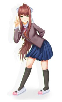 Rule 34 | 1girl, ahoge, apog, blazer, bow, brown hair, collared shirt, doki doki literature club, doki doki literature club school uniform, green eyes, hair bow, hair intakes, hand behind back, jacket, long hair, looking at viewer, monika (doki doki literature club), parted lips, peace symbol, ponytail, ribbon, school uniform, shirt, shoes, simple background, smile, sweater, thighhighs, uwabaki, very long hair, zettai ryouiki