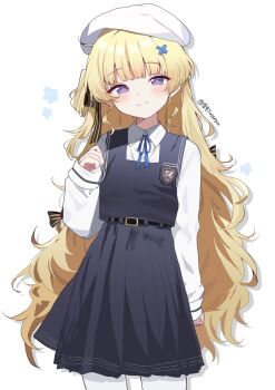 1girl alternate_costume black_dress black_ribbon blonde_hair blush closed_mouth commentary dress hair_ornament hair_ribbon hand_up hat highres long_hair long_sleeves looking_at_viewer phoebe_(wuthering_waves) purple_eyes ribbon shirt simple_background smile solo very_long_hair white_background white_hat white_shirt wuthering_waves x_hair_ornament yukinya_(yukinya777)