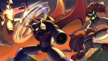 1970s_(style) action axe banpresto battle cape crossover getter-1 getter_dragon getter_robo glowing glowing_eyes great_mazinger great_mazinger_(robot) mazinger_(series) mazinger_z mazinger_z_(mecha) mecha mecha_focus no_humans oldschool retro_artstyle robot spikes spinning super_robot super_robot_wars weapon wings