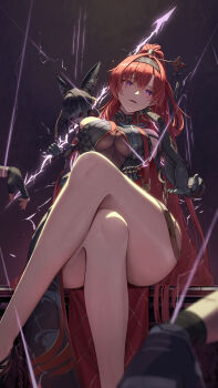 1girl 1other absurdres armpit_crease bare_legs bare_shoulders black_dress black_gloves black_hairband breasts bright_pupils circle_facial_mark commentary crossed_legs disembodied_hand doll dress elbow_gloves electricity facial_mark feet_out_of_frame from_below full_body gloves hair_between_eyes hair_ornament hairband hairpin head_rest high_ponytail highres holding_lightning_bolt large_breasts layered_dress legs light_blush long_hair mark_under_both_eyes ponytail purple_eyes purple_lightning red_hair revision see-through_dress_layer sitting smile solo_focus tacet_mark_(wuthering_waves) toroe02 turtleneck turtleneck_dress very_long_hair white_pupils wuthering_waves yinlin_(wuthering_waves) zapstring_(wuthering_waves)