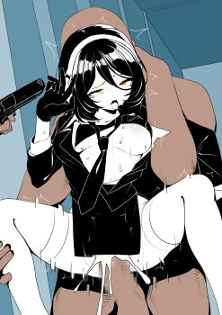 1girl 2boys absurdres black_bra black_dress black_hair black_necktie bra breasts censored clothed_female_nude_male commentary_request cum cum_in_pussy dress gun handgun highres holding holding_gun holding_weapon medium_breasts mosaic_censoring multiple_boys necktie nude orange_eyes original penis rape shirt short_hair spread_legs thighhighs underwear vaginal weapon white_shirt white_thighhighs yanagui_yugi