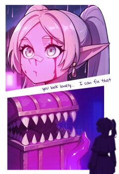 1girl a.mikusa bandaid bandaid_on_face bandaid_on_nose blade_runner_(series) blade_runner_2049 bleeding blood blood_on_face blurry blurry_background blurry_foreground border building capelet close-up commentary depth_of_field dripping earrings elf english_commentary english_text eyelashes frieren frieren_stuck_in_a_mimic_(meme) from_behind green_eyes highres injury jewelry looking_at_another looking_up meme mimic mimic_chest open_mouth outdoors outside_border parted_bangs pendant_earring pink_light pointy_ears rain saliva scene_reference sharp_teeth skirt sousou_no_frieren teardrop_earrings teeth tentacles thick_eyebrows wet white_border white_capelet white_hair white_skirt you_look_lonely_(meme)