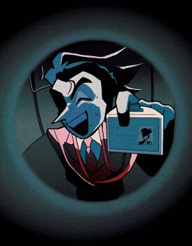 1boy black_hair closed_eyes collared_shirt colored_skin deltarune highres holding_business_card jacket male_focus necktie pointy_nose pov_peephole red_jacket shio_tou shirt short_hair smile solo spamton_g._spamton spamton_g._spamton_(big_shot) sweat teeth utdr_(toby_fox) white_shirt white_skin