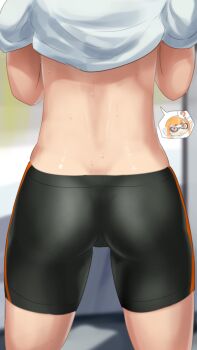 1girl ? ass ass_focus assault_rifle bare_back bike_shorts black_shorts blush clothes_lift female_focus from_behind gradient_background gun highres inkling inkling_girl inkling_player_character kabeu_mariko legs loli lower_body matching_hair/eyes midriff nintendo open_mouth orange_eyes orange_hair pointy_ears rifle shirt shirt_lift short_sleeves shorts single_stripe single_vertical_stripe solo splatoon_(series) splatoon_1 spoken_question_mark squid sweat t-shirt tentacle_hair thigh_gap thighs trefoil weapon white_shirt