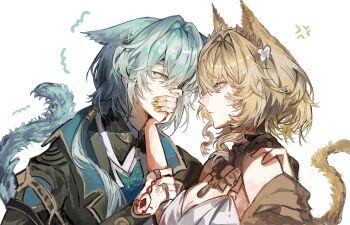 1boy 1girl aglaea_(honkai:_star_rail) anaxa_(honkai:_star_rail) anger_vein animal_ears aqua_eyes aqua_hair arm_tattoo bare_shoulders black_gloves black_jacket blonde_hair breasts cat_ears cat_tail cleavage closed_mouth commentary covering_another&#039;s_mouth flower from_side gloves gold_necklace gold_ring green_eyes hair_between_eyes hair_flower hair_intakes hair_ornament hand_on_another&#039;s_arm hand_on_another&#039;s_face hand_on_another&#039;s_shoulder hand_over_another&#039;s_mouth highres honkai:_star_rail honkai_(series) jacket jewelry kemonomimi_mode large_breasts long_hair medium_hair multiple_rings necklace partially_fingerless_gloves portrait red_tattoo ring side_ponytail simple_background tail tattoo white_background yellow_nails yvet114514