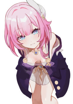 1girl absurdres blue_eyes breasts cleavage coat commentary_request cyrene_(aedes_elysiae)_(honkai:_star_rail) cyrene_(honkai:_star_rail) dress hair_ornament highres honkai:_star_rail honkai_(series) jewelry leaning_forward looking_at_viewer medium_hair necklace parted_lips pink_hair purple_coat simple_background small_breasts solo takahashi_hizumi white_background white_dress