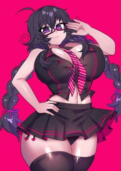 1girl ahoge alternate_costume between_breasts breasts cleavage commentary crawling_dreams english_commentary glasses hand_on_own_hip highres huge_breasts long_hair magenta_background merryweather midriff miniskirt navel necktie nyarla_(osiimi) osiimi pink_background purple_eyes purple_hair school_uniform shirt simple_background skirt sleeveless sleeveless_shirt striped_clothes striped_necktie thick_thighs thighs twintails wide_hips
