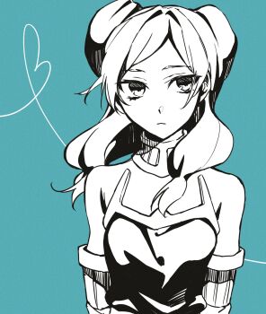 1girl beta_(inazuma_eleven) beta_symbol blue_background bodysuit closed_mouth commentary double_bun greyscale hair_bun highres inazuma_eleven_(series) inazuma_eleven_go inazuma_eleven_go_chrono_stone long_hair looking_to_the_side low_twintails monochrome solo twintails vest xf_alice