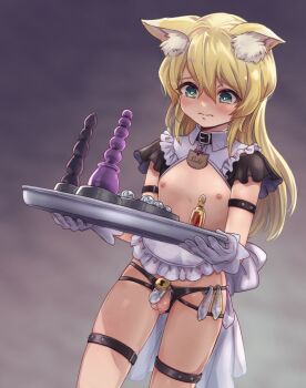 1boy anal_beads animal_ears apron arm_belt belt black_belt black_capelet black_panties blonde_eyebrows blonde_hair blurry blurry_background blush bottle butt_plug capelet chain chastity_cage choker condom dildo dot_nose eyebrows_hidden_by_hair eyelashes flat_chest frilled_apron frilled_capelet frilled_gloves frilled_sleeves frills gloves green_eyes half_capelet highres holding holding_tray humiliation keyhole keyhole_panties leather leather_belt leather_choker leg_belt long_hair maid maid_apron name_tag nipples o-ring o-ring_bottom o-ring_panties oboro_dqp original panties penis sash scar scar_on_chest sex_toy slave small_penis source_request tagme testicles trap tray underwear used_condom walking white_capelet worried