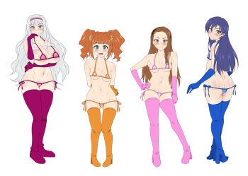 4girls akazawa_fuyuki areola_slip ass bikini blue_bikini blue_hair blush boots breasts brown_hair butt_crack cleavage elbow_gloves from_behind gloves hairband hand_on_own_hip highres idolmaster idolmaster_(classic) kisaragi_chihaya long_hair looking_back minase_iori multiple_girls orange_bikini orange_hair pink_bikini purple_bikini red_eyes shijou_takane silver_hair smile swimsuit takatsuki_yayoi white_background
