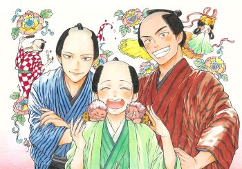 1girl 2others 4boys :d absurdres artist_request bell black_hair blue_kimono byoubunozoki checkered_clothes checkered_kimono chonmage closed_eyes crossed_arms dango eating food green_kimono grin highres ichitarou_(shabake) japanese_clothes kimono multiple_boys multiple_others nikichi_(shabake) official_art open_mouth red_kimono red_ribbon ribbon sasuke_(shabake) shabake smile standing striped_clothes striped_kimono suzuhikohime_(shabake) topknot wagashi white_background yanari_(shabake)