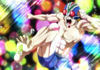 1boy abs anime_screenshot attack barefoot blonde_hair feet flying_kick kamen_rider kicking male_focus mask mask_on_head muscular muscular_male nipples open_mouth shimamura_mitsuba solo stitched sweat tears third-party_edit topless_male toujima_tanzaburou_wa_kamen_rider_ni_naritai underwear underwear_only