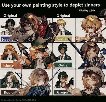 3boys 3girls axe blonde_hair blood blood_in_hair blood_on_clothes bow brown_eyes brown_hair christmas_nightmare_(e.g.o) colored_smoke e.g.o_(project_moon) gregor_(project_moon) gun harpoon hat heathcliff_(project_moon) holding holding_axe holding_gun holding_sword holding_weapon i_am_a_chair72 ishmael_(project_moon) limbus_company lobotomy_corporation_(identity)_(project_moon) magic_bullet_(e.g.o) multiple_boys multiple_girls n_corp._fanatic_(identity)_(project_moon) nightcap outis_(project_moon) pequod_(identity)_(project_moon) project_moon rifle rodion_(project_moon) sinclair_(project_moon) smoke smoking smoking_pipe striped_bow sword the_sword_sharpened_with_tears_(e.g.o) weapon white_hat wuthering_heights_(identity)_(project_moon) yellow_eyes