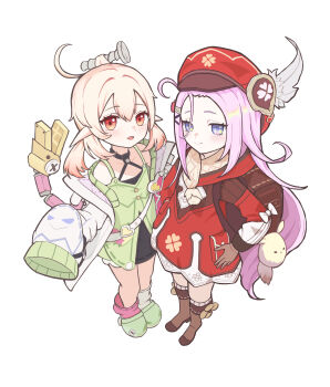 2girls absurdres aino_(genshin_impact) aino_(genshin_impact)_(cosplay) backpack bag blonde_hair boots brown_boots brown_gloves center-flap_bangs charm_(object) child coat cosplay costume_switch cowlick double-parted_bangs dress full_body genshin_impact gloves green_dress green_slippers hair_between_eyes hair_intakes hair_ornament halterneck hat hat_feather hat_ornament highres jacket jianque klee_(genshin_impact) klee_(genshin_impact)_(cosplay) long_hair long_sleeves looking_at_viewer low_twintails mechanical_tail mismatched_socks multiple_girls newsboy_cap open_clothes open_jacket parted_lips pink_hair pointy_ears pouch purple_eyes red_coat red_eyes red_hat scarf screw_hair_ornament sidelocks simple_background sleeves_past_fingers sleeves_past_wrists slippers smile socks standing tail twintails very_long_hair very_long_sleeves white_background