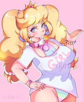 1girl bimbo_peach blonde_hair blue_eyes blush borrowed_design bracelet breasts collar cowboy_shot cresscin crown earrings hand_on_own_hip hand_up highres jewelry large_breasts long_hair looking_at_viewer mario_(series) nintendo outline pink_background pink_nails princess_peach print_shirt shadow shirt sidelocks simple_background solo spiked_collar spikes twintails watermark white_outline white_shirt