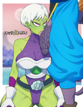 1boy 1girl absurdres adapted_costume arm_support artist_name bare_shoulders beerus bikini blush breasts cameltoe cheelai covered_navel curvy dragon_ball dragon_ball_super fellatio gloves green-tinted_eyewear hetero highleg highleg_leotard highres kamekuzu kameseru large_breasts leotard licking licking_penis looking_at_another no_humans oral penis purple_eyes scouter shiny_skin short_hair silver_hair skin_tight swimsuit thick_thighs thighs thong_bikini tinted_eyewear tongue tongue_out white_gloves wide_hips