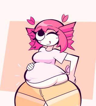 Rule 34 | 1girl, birdbrain (synthesizer v), black eyes, blush stickers, breasts, drill hair, fat, hand on own hip, hand on own stomach, jaggy lines, kasane teto, kasane teto (sv), medium breasts, one eye closed, red hair, shirt, short sleeves, shorts, sidelocks, solo, striped clothes, striped thighhighs, synthesizer v, thighhighs, tied shirt, tongue, twin drills, white shirt, woah maaan, yellow shorts