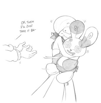 @_@ artist_name bob_cut dress gardevoir gen_3_pokemon hair_over_one_eye highres holding holding_stuffed_toy nintendo out_of_frame pokemon pokemon_(creature) simple_background spinda stuffed_toy superiordutchsauce white_background