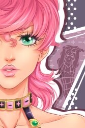 Rule 34 | 1girl, arms up, bare shoulders, choker, close-up, commentary, english commentary, eyelashes, green eyes, hair between eyes, highres, jojo no kimyou na bouken, laminanati, looking at viewer, makeup, mascara, math, parted lips, pink lips, pompadour, short hair, signature, solo, stand (jojo), trish una, upper body, vento aureo