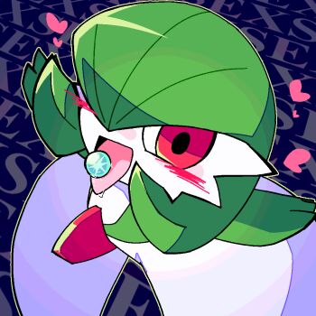 1girl blue_background blush bob_cut colored_skin dawn_stone english_text evolution_stone female_focus flat_chest from_above gardevoir gen_3_pokemon green_hair green_outline green_skin hair_over_one_eye happy heart kan_(kam48360493) looking_at_viewer looking_up multicolored_skin nintendo object_on_tongue one_eye_covered open_mouth outline pokemon pokemon_(creature) red_eyes saliva short_hair smile solo standing text_background tongue tongue_out two-tone_skin white_skin