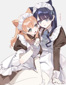 2girls :d absurdres apron aqua_eyes blue_eyes blue_hair blush brown_dress dkou dress eye_contact frilled_apron frills highres hinoshita_kaho juliet_sleeves link!_like!_love_live! long_hair long_sleeves looking_at_another love_live! maid maid_apron maid_headdress medium_dress multiple_girls murano_sayaka nyan_nyan_nyan_fair_in_gamers official_alternate_costume open_mouth orange_hair parted_lips puffy_short_sleeves puffy_sleeves short_sleeves simple_background sketch smile virtual_youtuber white_apron white_background yuri