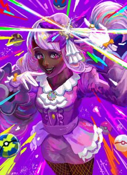 1girl arm_up ascot bow brooch cowboy_shot dark-skinned_female dark_skin dress fascinator fishnet_pantyhose fishnets frilled_ascot frills glove_bow gloves glowing glowing_gem gold_ring great_ball hair_ornament hand_to_own_mouth hand_up highres jacinthe_(pokemon) jewelry juliet_sleeves lipgloss long_hair long_sleeves looking_at_viewer low_drills mega_stone nintendo open_mouth pantyhose pencil_dress poke_ball pokemon pokemon_legends:_z-a premier_ball puffy_sleeves purple_background purple_dress purple_eyes purple_hair quick_ball short_dress smile solo teeth ultra_ball very_dark_skin white_gloves yanmanxplore yellow_bow