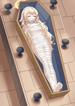 Rule 34 | 1girl, absurdres, arms behind back, artist request, blonde hair, blue archive, bound, bound arms, bound legs, candle, check artist, closed eyes, coffin, commentary request, gagged, halo, highres, long hair, lying, mummification (bound), on back, professor niyaniya (blue archive), solo, t zhonglang, variant set, very long hair, yellow halo