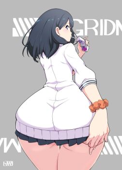Rule 34 | 1girl, ass, black hair, black skirt, blue eyes, blush, bowieknife, commentary request, drink carton, drinking, gluteal fold, gridman universe, highres, juice box, long hair, long sleeves, looking at viewer, school uniform, scrunchie, skirt, solo, ssss.gridman, takarada rikka, thighs, wrist scrunchie