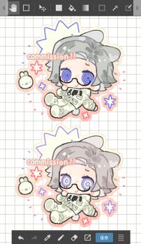 1boy animal_ears aotsuki_eito art_program_in_frame blue_eyes chibi chibi_only chinese_commentary closed_mouth commentary_request commission drawstring ganyibeiqixi glasses grey_hair grid_background high_collar highres jacket kemonomimi_mode long_sleeves male_focus no_gloves outline pants pink_outline pocket rabbit rabbit_ears rabbit_tail ringed_eyes semi-rimless_eyewear short_hair smile tail the_hundred_line_-last_defense_academy- variations watermark white_background white_jacket white_pants zipper_pull_tab