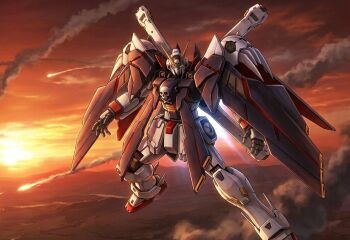 Rule 34 | artist request, battle, cloud, cloudy sky, colorful cloudy sky, contrail, crossbone gundam, crossbone gundam x-1, crossbone gundam x-1 full cloth, crossbone vanguard, dusk, flying, green eyes, gundam, jolly roger, looking at viewer, mecha, mecha focus, missile, mobile suit, realistic, robot, science fiction, sky, sun, sunlight, v-fin