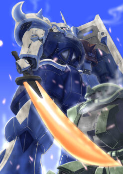 Rule 34 | after battle, aoi onion, blue sky, cable, captured, color variation, commentary request, damaged, earth federation, glowing hot, gouf, gundam, gundam 0083, highres, mecha, mecha focus, mobile suit, mobile suit gundam, no humans, one-eyed, original, radio antenna, redesign, robot, roundel, scene reference, science fiction, shield, shoulder spikes, sky, spikes, sword, victory, weapon, zaku ii, zeon