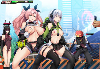 2boys 3girls anby_demara animal_ear_fluff animal_ears black_leotard black_ribbon black_skirt black_thighhighs bowlegged_pose braid breasts building change_in_common_sense clenched_teeth clothes_lift commentary_request daiaru fingering gameplay_mechanics green_eyes grey_hair hair_ornament hair_ribbon hairclip hand_in_another&#039;s_panties headphones health_bar highleg highleg_leotard holding holding_phone hoshimi_miyabi hypnosis jacket large_breasts leotard long_hair long_sleeves looking_at_phone medium_breasts mind_control miniskirt mole mole_on_breast multiple_boys multiple_girls mutual_fingering mutual_masturbation navel nicole_demara nipple_stimulation nipple_tweak o-ring o-ring_thigh_strap open_mouth outdoors phone pink_hair pussy_juice ribbon see-through_clothes see-through_leotard short_hair single_thighhigh skirt skyscraper standing teeth thigh_strap thighhighs tweaking_own_nipple two_side_up zenless_zone_zero