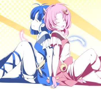 Rule 34 | back-to-back, blue hair, cardfight!! vanguard, cardfight!! vanguard g, chouno ami, clasp, holding hands, mitumi mira, thighs, yuri