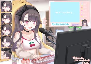 1girl :3 :d @_@ absurdres angry azur_lane bare_shoulders black_choker black_hairband black_ribbon blush breasts brown_hair chat_log cherry_print choker cleavage clenched_teeth closed_eyes clothes_pull commentary_request computer_keyboard crop_top disappointed expression_chart fake_screenshot fang food_print frown fruit_print hair_over_one_eye hair_ribbon hairband hands_on_own_head happy highres indoors jacket jacket_pull large_breasts livestream long_hair microphone microphone_stand monitor nervous_smile off_shoulder open_clothes open_jacket open_mouth paashe pamiat_merkuria_(azur_lane) pamiat_merkuria_(sweet_cherry_memories)_(azur_lane) pink_eyes purple_eyes ribbon side_ponytail sitting smile solo tank_top teeth translation_request upper_body