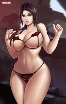 1girl absurdres bad_tag breasts brown_eyes brown_hair female female_focus flowerxl highres lara_croft lara_croft_(classic) lingerie long_hair no_eyewear solo solo_focus tomb_raider underwear wide_hips