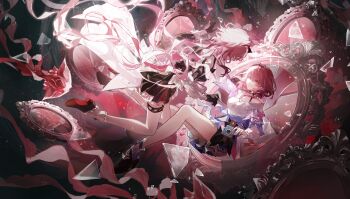 2girls absurdres camera choker crack cracked_glass dress evernight_(honkai:_star_rail) evey_(honkai:_star_rail) falling gloves hashtag-only_commentary highres honkai:_star_rail honkai_(series) layered_dress long_hair march_7th_(honkai:_star_rail) march_7th_(preservation)_(honkai:_star_rail) medium_hair mirror multiple_girls off_shoulder pink_hair rente_gu shards shirt shoes skirt strap thigh_strap very_long_hair