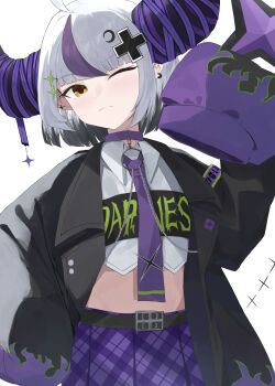 Rule 34 | 1girl, ;(, absurdres, ahoge, belt, black belt, black horns, black jacket, blush, clothes writing, collared shirt, commentary, cowboy shot, crescent, crescent hair ornament, crop top, cropped shirt, cross hair ornament, demon horns, evening rabbit, flame print, grey hair, hair ornament, hand up, highres, hololive, horns, huge horns, jacket, la+ darknesss, la+ darknesss (casual), necktie, official alternate costume, official alternate hairstyle, one eye closed, open clothes, open jacket, oversized jacket, plaid clothes, plaid skirt, pleated skirt, pointy ears, purple necktie, purple skirt, purple streaks, shirt, short hair, simple background, single hair streak, skirt, sleeves past fingers, sleeves past wrists, solo, transparent background, virtual youtuber, white shirt, yellow eyes