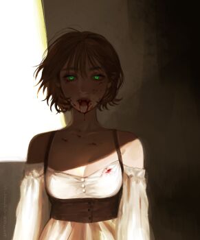 1girl arms_at_sides artist_name blood blood_drip blood_on_chest blood_on_face breasts brown_hair choppy_bangs cleavage collarbone commentary detached_sleeves dress english_commentary glowing glowing_eyes green_eyes highres long_sleeves looking_at_viewer mole mole_under_eye original parted_lips red_lips shadow shay_(sleepymocha) short_hair sleepymocha sleeveless sleeveless_dress solo straight-on upper_body vampire white_dress