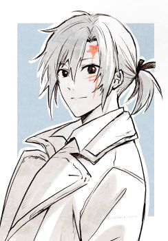 1boy allen_walker asukawvm black_eyes blue_background border coat collared_coat collared_shirt d.gray-man facial_mark forehead_mark hair_between_eyes hair_ribbon highres light_smile limited_palette looking_at_viewer low_ponytail male_focus medium_hair outside_border ponytail ribbon scar scar_across_eye scar_on_face shirt short_ponytail sidelocks simple_background solo star_(symbol) star_facial_mark trench_coat upper_body white_border white_theme